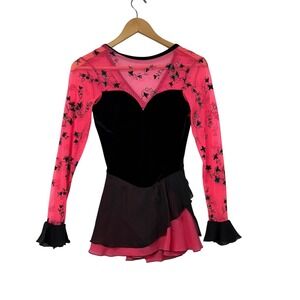 Jerrys Figure Skating‎ Dress Neon Pink Floral Mesh Velvet Child S P Adult S P